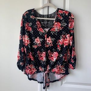 Black Floral Print Tie Front V neck Shirt
